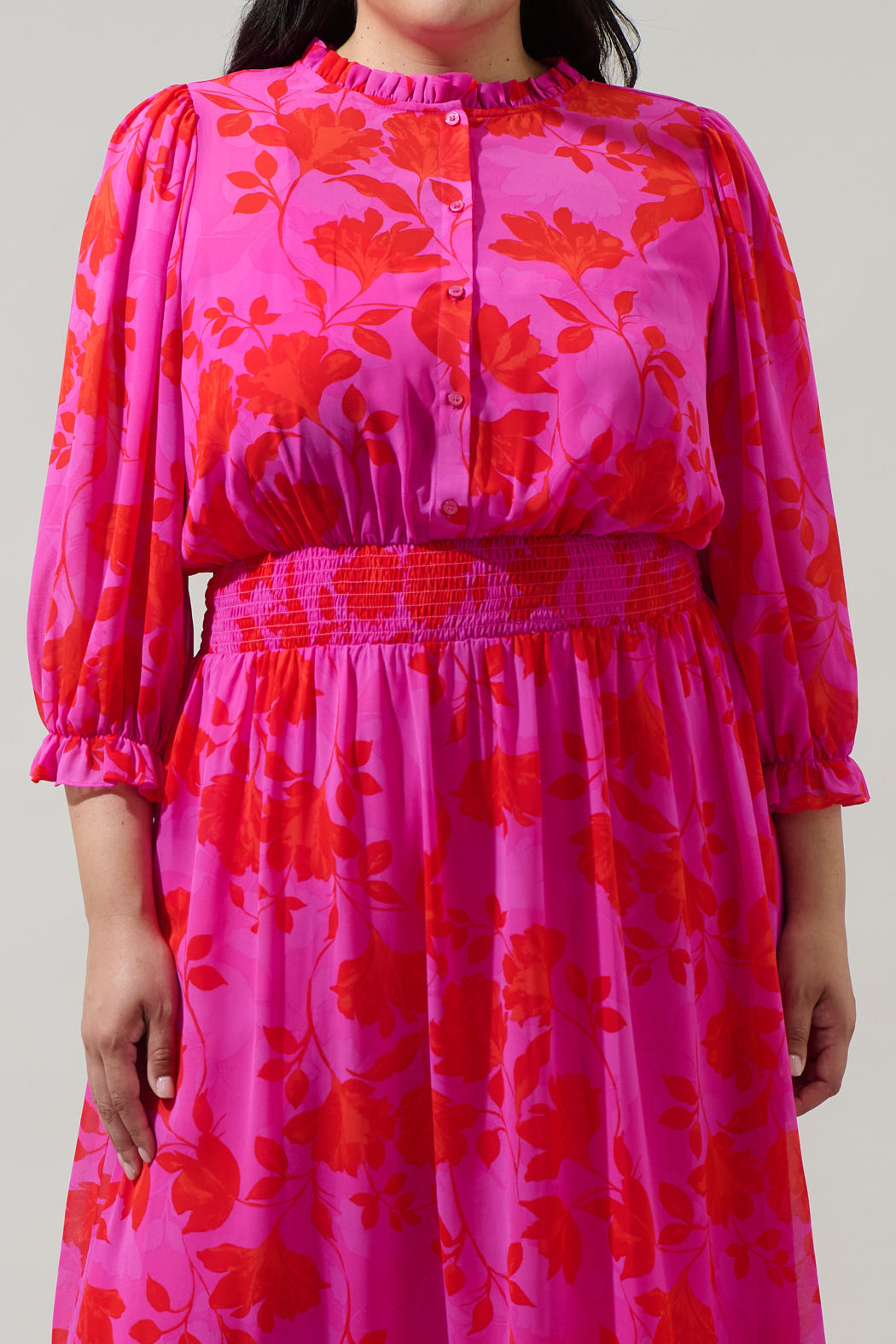 Kensie Floral Irene Smocked Midi Dress Curve FUCHSIA-RED / 1X by Sugarlips Kensie Floral Irene Smocked Midi Dress Curve FUCHSIA-RED / 1X by Sugarlips