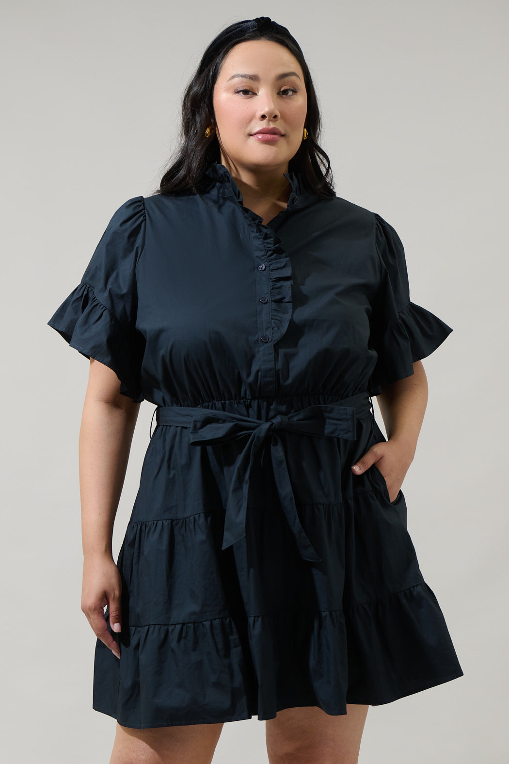 button down dresses Cottonwood Ruffle Button Down Mini Dress Curve NAVY / 3X by Sugarlips