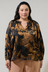 Palm Tropics Midnight Jovie Split Neck Satin Raglan Blouse Curve