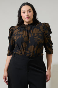 Toffee Floral Drape Sleeve Top Curve