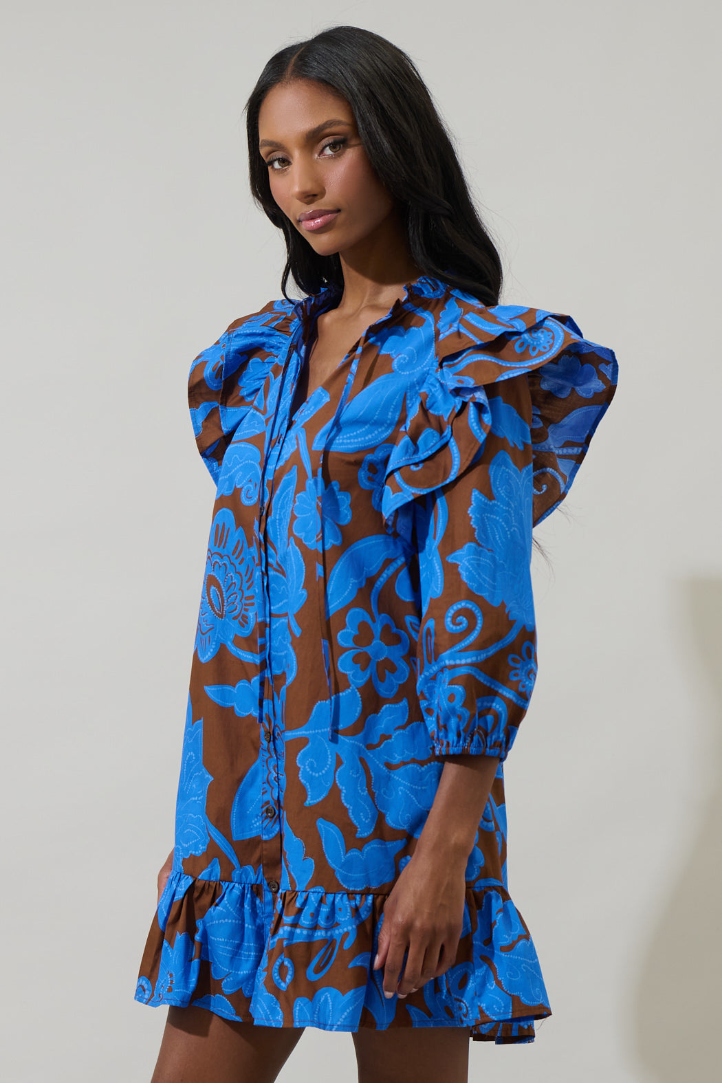 Women's Floral Ruffle Drop Waist Mini Dress - SUGARLIPS M Women's Floral Ruffle Drop Waist Mini Dress - SUGARLIPS M