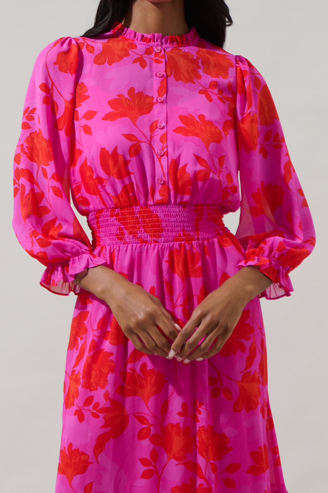 Kensie Floral Irene Smocked Midi Dress FUCHSIA-RED / M by Sugarlips Kensie Floral Irene Smocked Midi Dress FUCHSIA-RED / M by Sugarlips