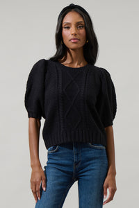 Wish You Well Cable Knit Puff Sleeve Sweater Top