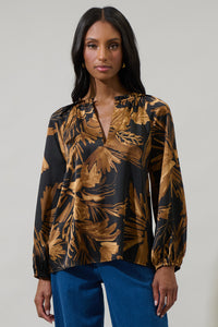 Palm Tropics Midnight Jovie Split Neck Satin Raglan Blouse