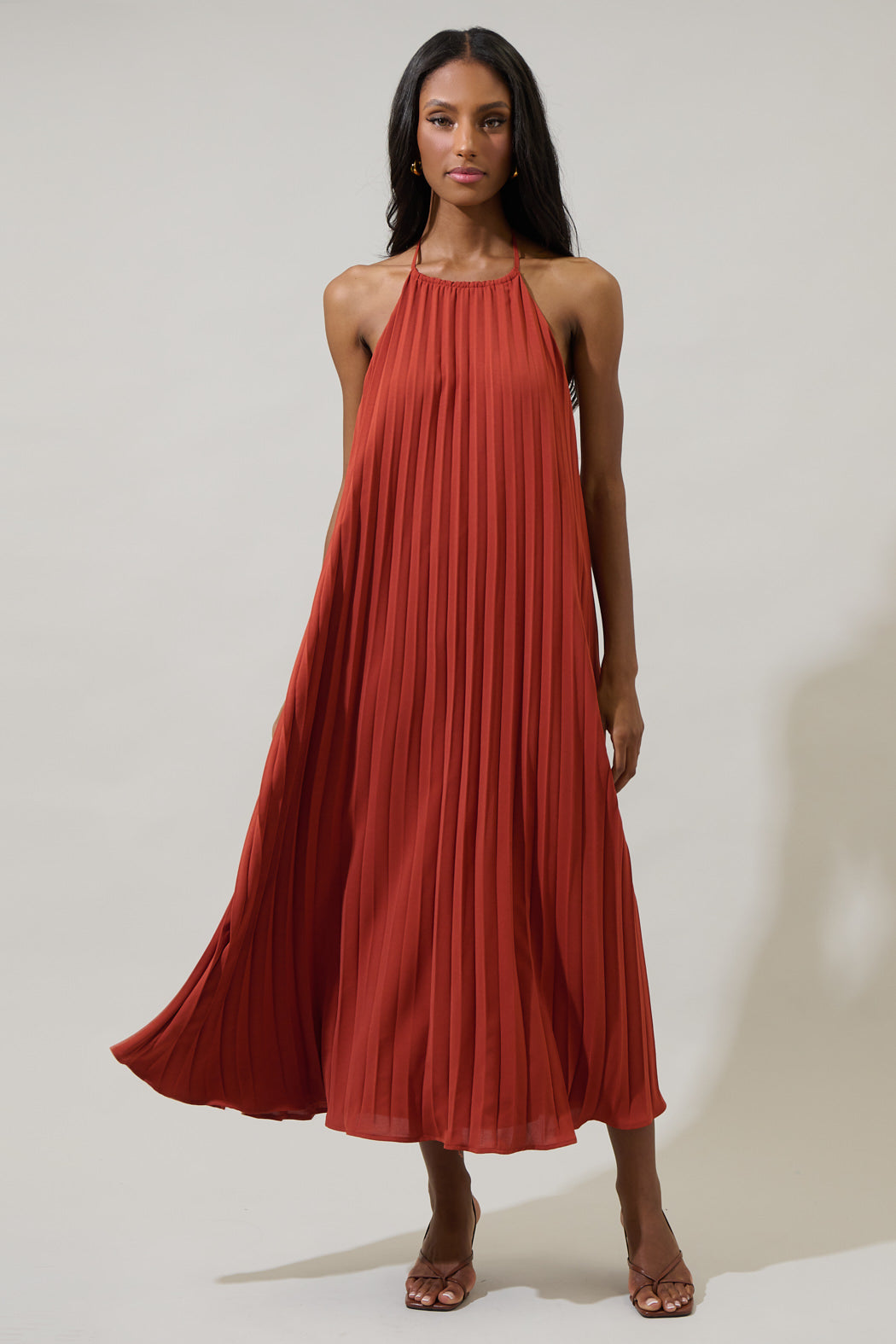 Wenden Halter Neck Pleated Midi Dress TERRACOTTA / XS by Sugarlips Wenden Halter Neck Pleated Midi Dress TERRACOTTA / XS by Sugarlips