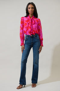 Kensie Floral Etienne Tie Neck Long Sleeve Blouse