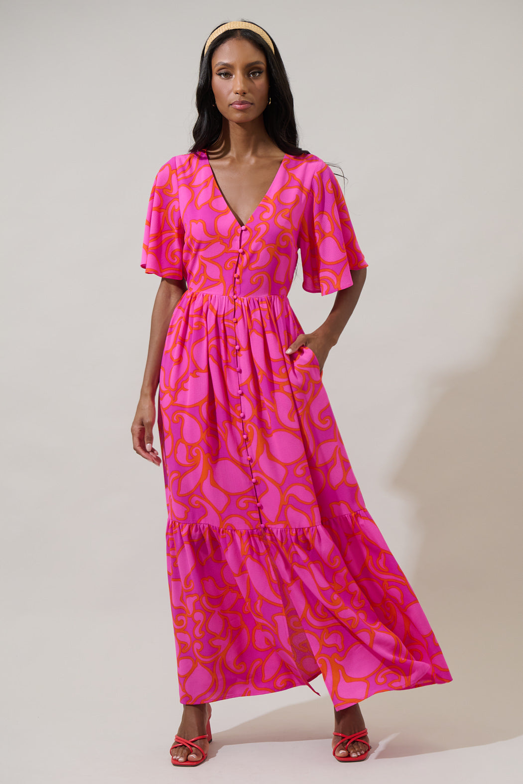 Inara Floral Pismo Button Down Flutter Maxi Dress MAGENTA-MUL / L by Sugarlips Inara Floral Pismo Button Down Flutter Maxi Dress MAGENTA-MUL / L by Sugarlips