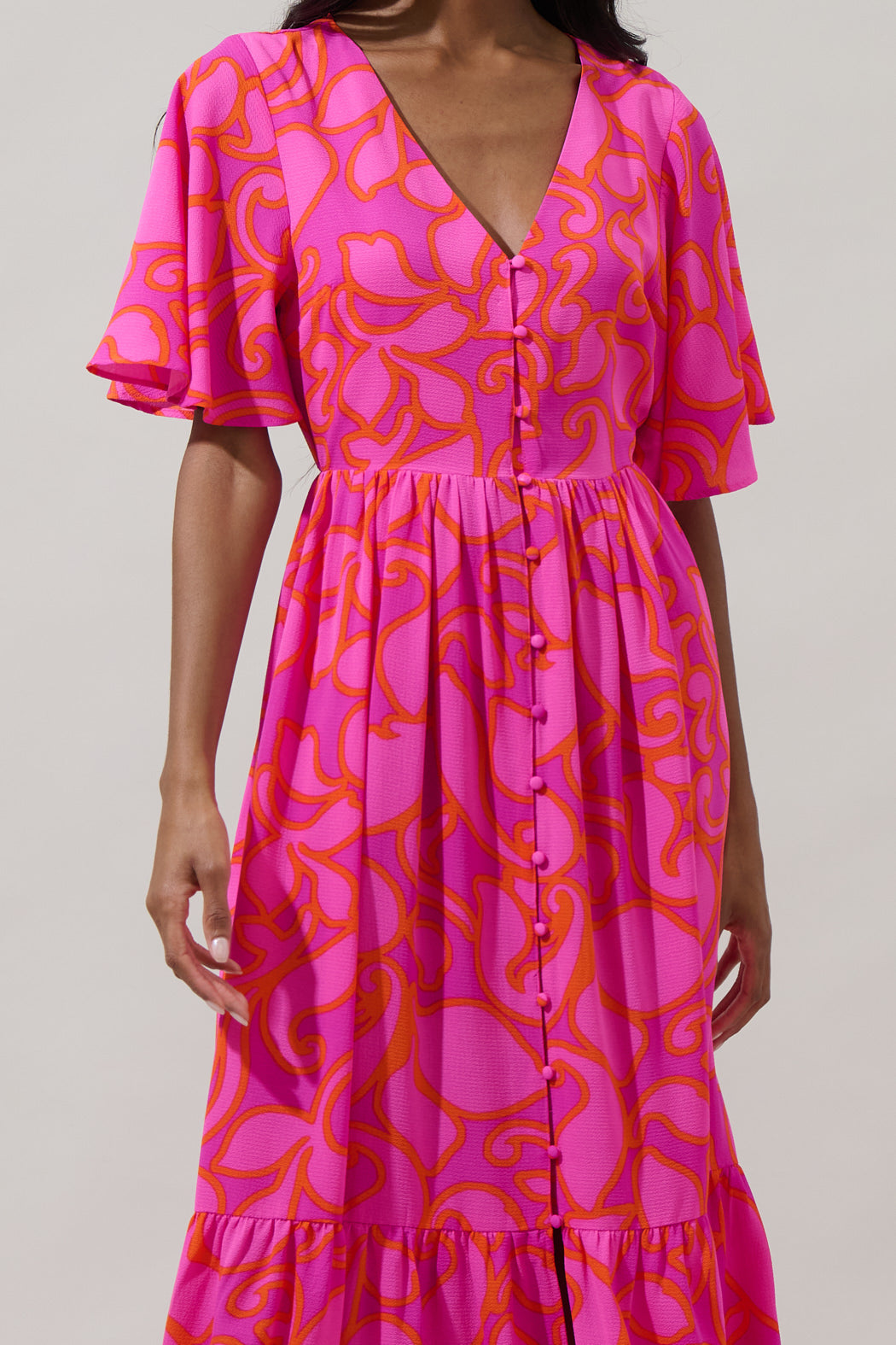 inara pink floral print ruffle maxi dress open lace back dress Inara Light Pink Floral Print Ruffle Maxi Dress