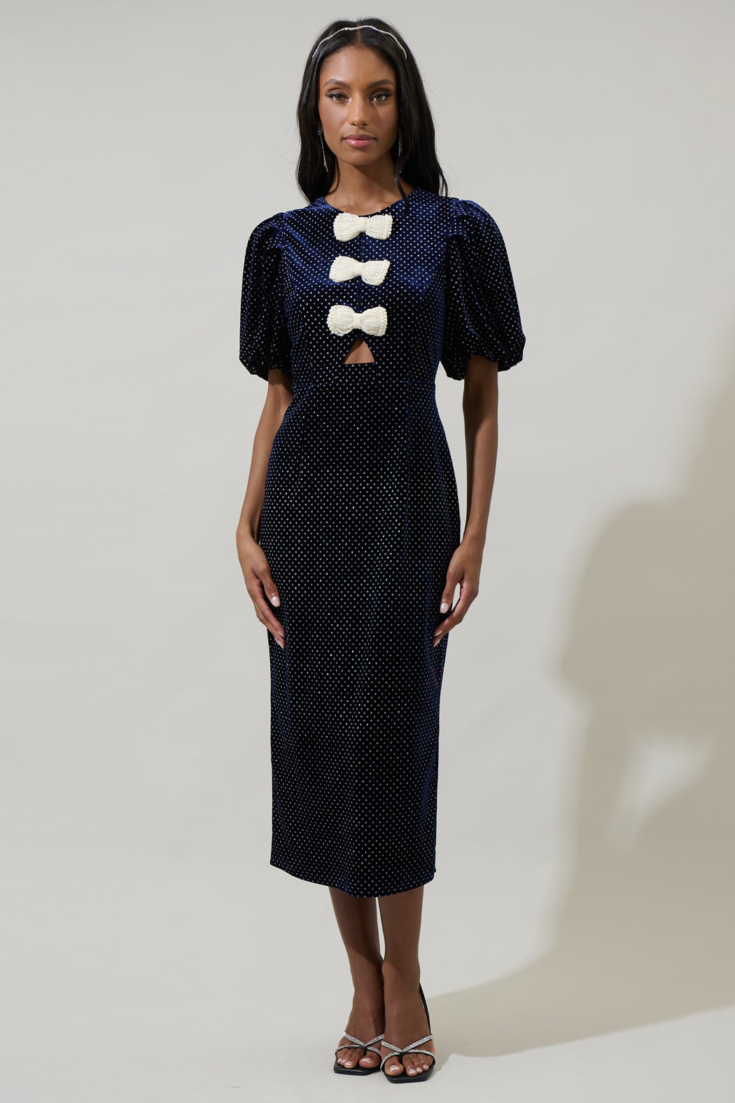Nelly Dot Velvet Pearl Bow Midi Dress Navy / Xs by Sugarlips Nelly Dot Velvet Pearl Bow Midi Dress Navy / Xs by Sugarlips