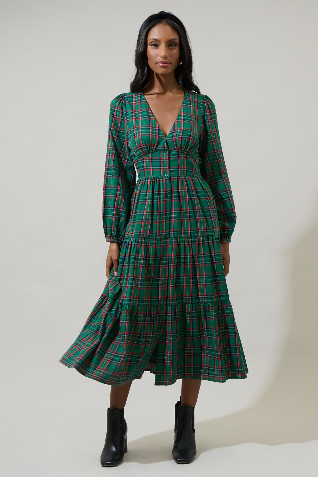 plaid button down midi dress Rihoas Plaid Collared Button-Down Midi Dress