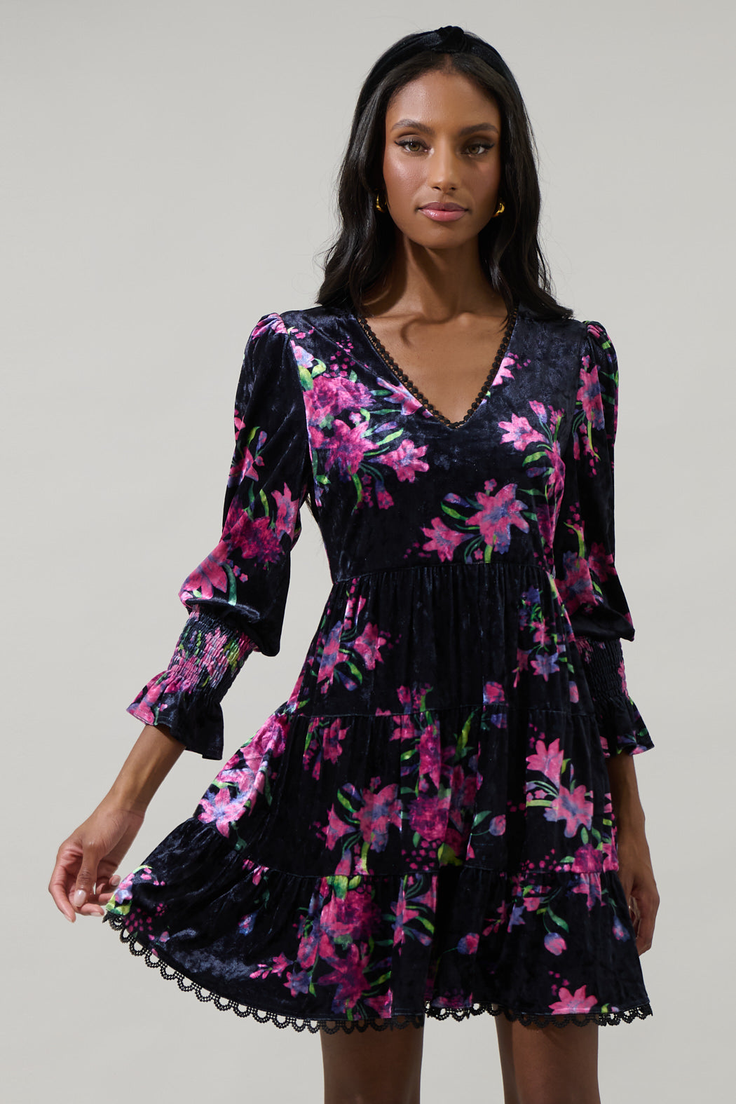 Tulda Floral Amari Velvet Tiered Mini Dress BLACK-MULTI / XS by Sugarlips
