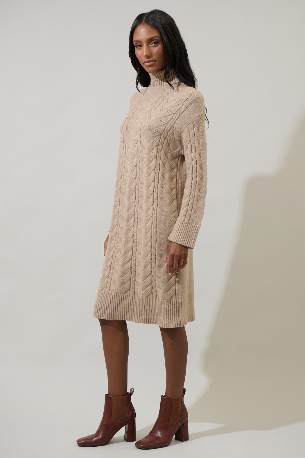 Raven Cable Knit Sweater Midi Dress TAUPE / S by Sugarlips Raven Cable Knit Sweater Midi Dress TAUPE / S by Sugarlips
