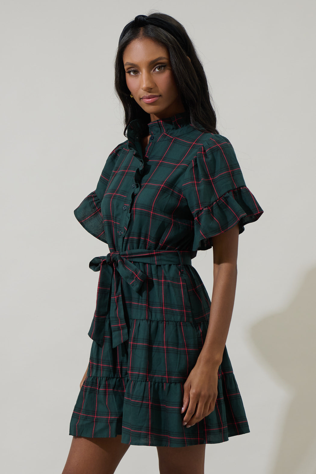 Brook Plaid Cottonwood Ruffle Button Down Mini Dress GREEN-MULTI / M by Sugarlips Brook Plaid Cottonwood Ruffle Button Down Mini Dress GREEN-MULTI / M by Sugarlips