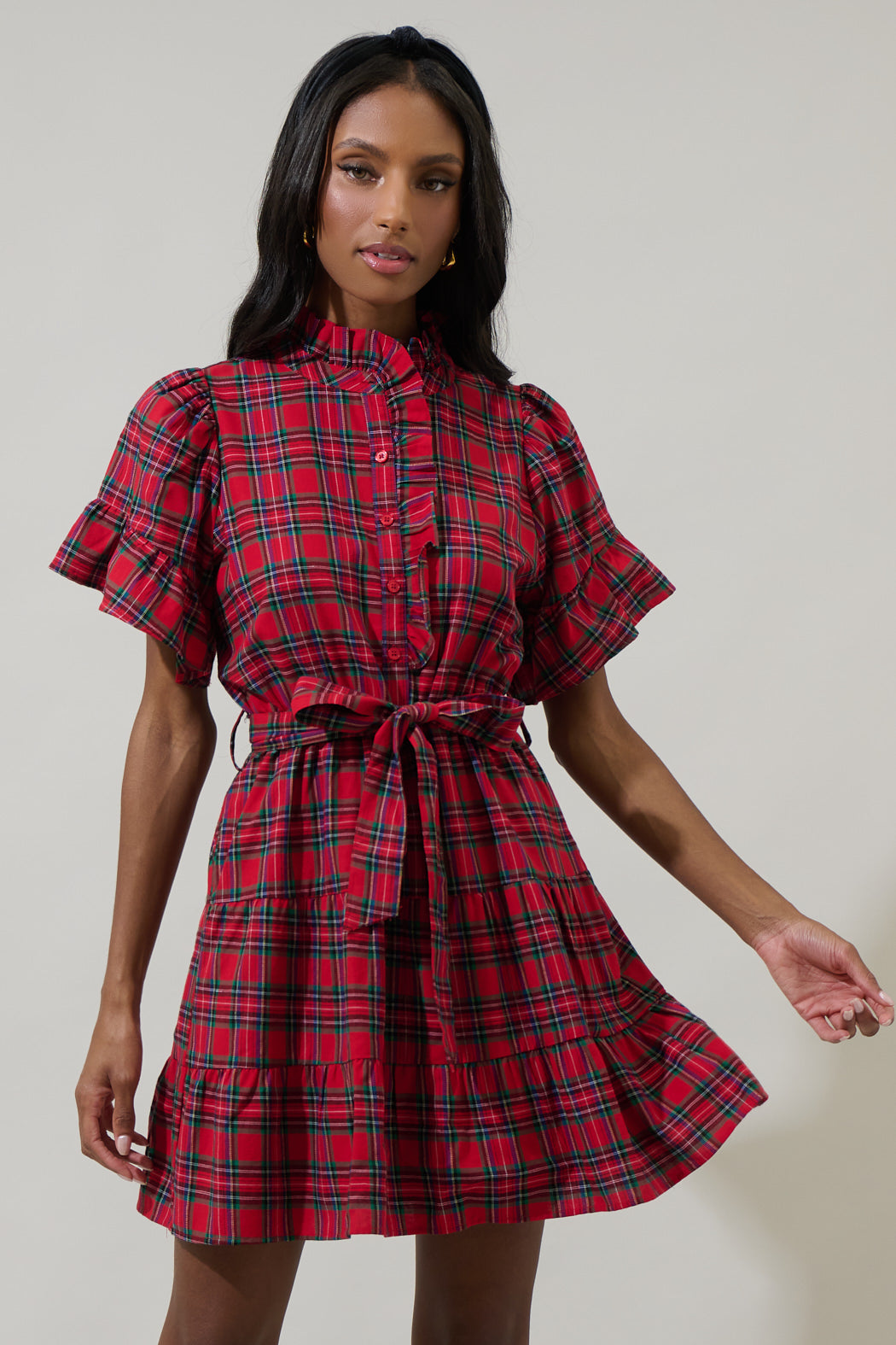 Arvada Plaid Cottonwood Ruffle Button Down Mini Dress Sugarlips Arvada Plaid Cottonwood Ruffle Button Down Mini Dress Sugarlips