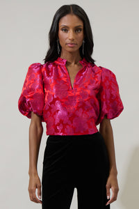 Duson Floral Jacquard Split Neck Top