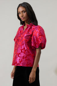 Duson Floral Jacquard Split Neck Top