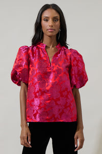 Duson Floral Jacquard Split Neck Top