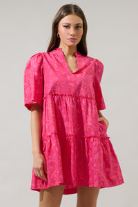 Cerise Floral Dixie Split Neck Shift Dress