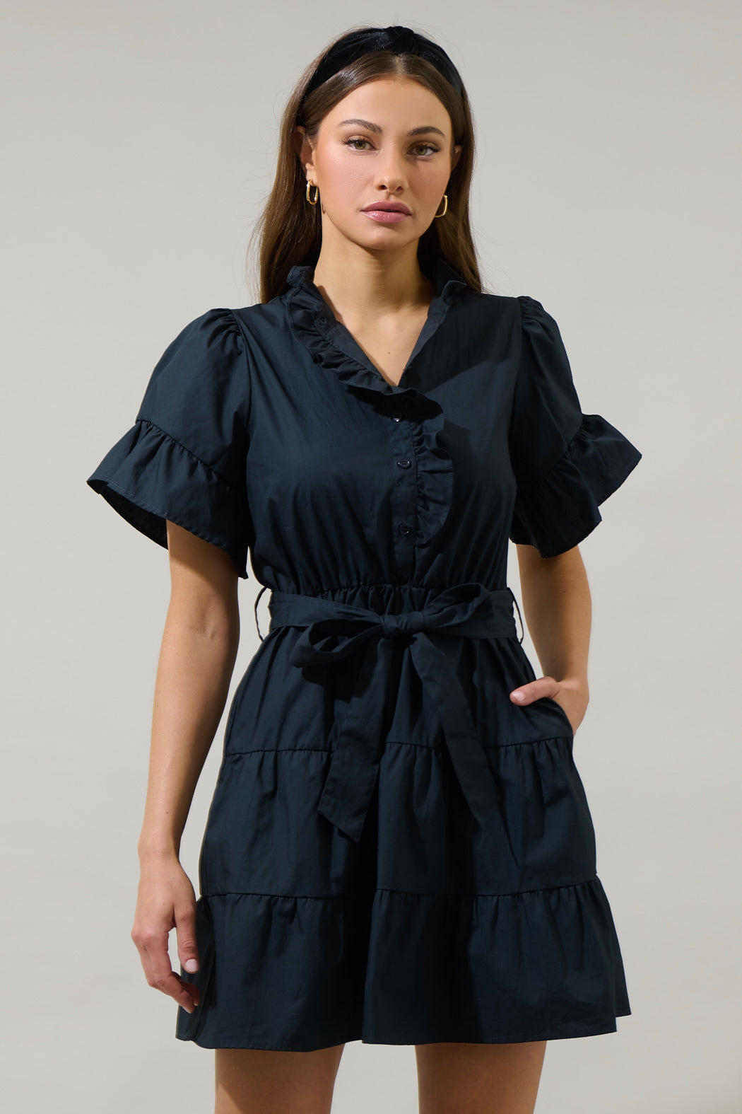 button down crepe mini dress Karen Millen Compact Stretch Button Detail Mini Dress in Yellow
