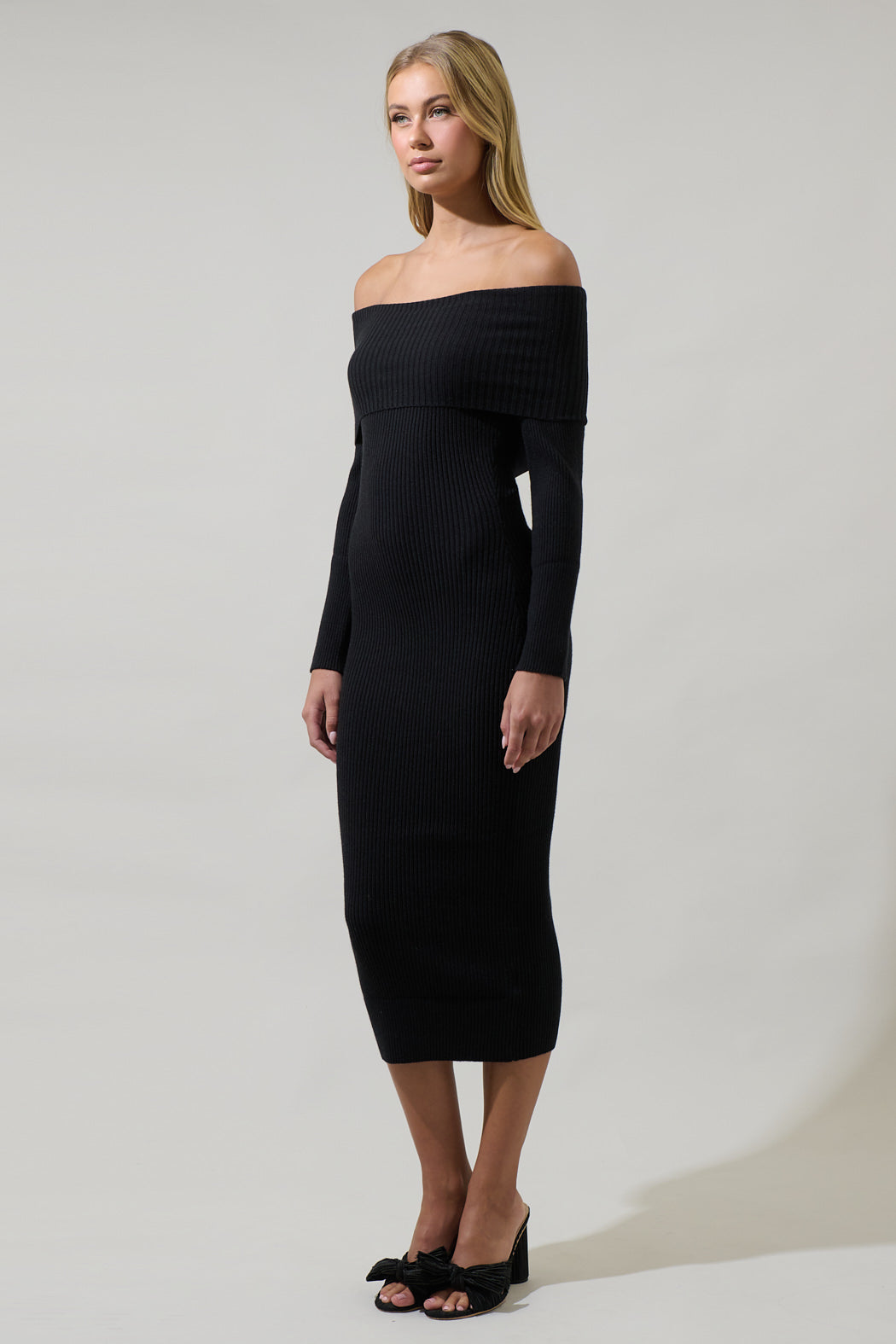 Midi Dress Shoulder Sweater Dress Ladies Navy Blue Rib-Knit Off-The-Shoulder Dress Size: L Midi Dress Shoulder Sweater Dress Ladies Navy Blue Rib-Knit Off-The-Shoulder Dress Size: L