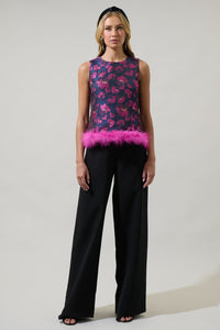 Lorna Jacquard Floral Feather Trim Sleeveless Top