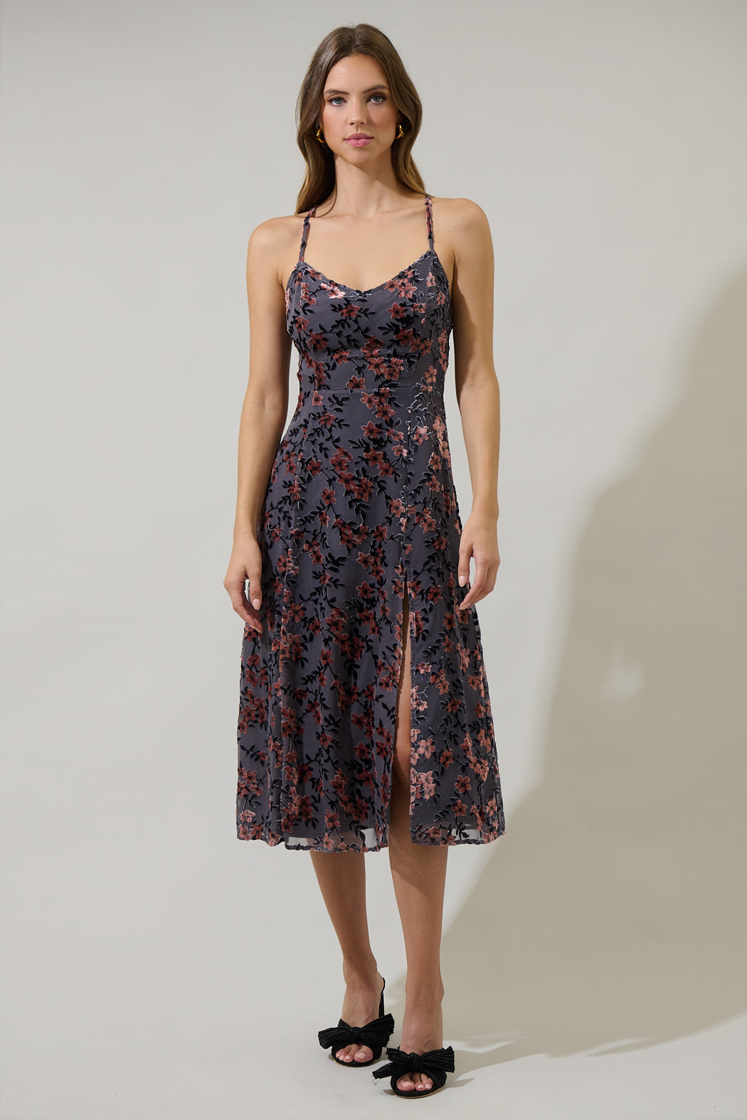 Liberty Floral Midnight Parting Ways Midi Dress Grey-Multi / Xs by Sugarlips Liberty Floral Midnight Parting Ways Midi Dress Grey-Multi / Xs by Sugarlips