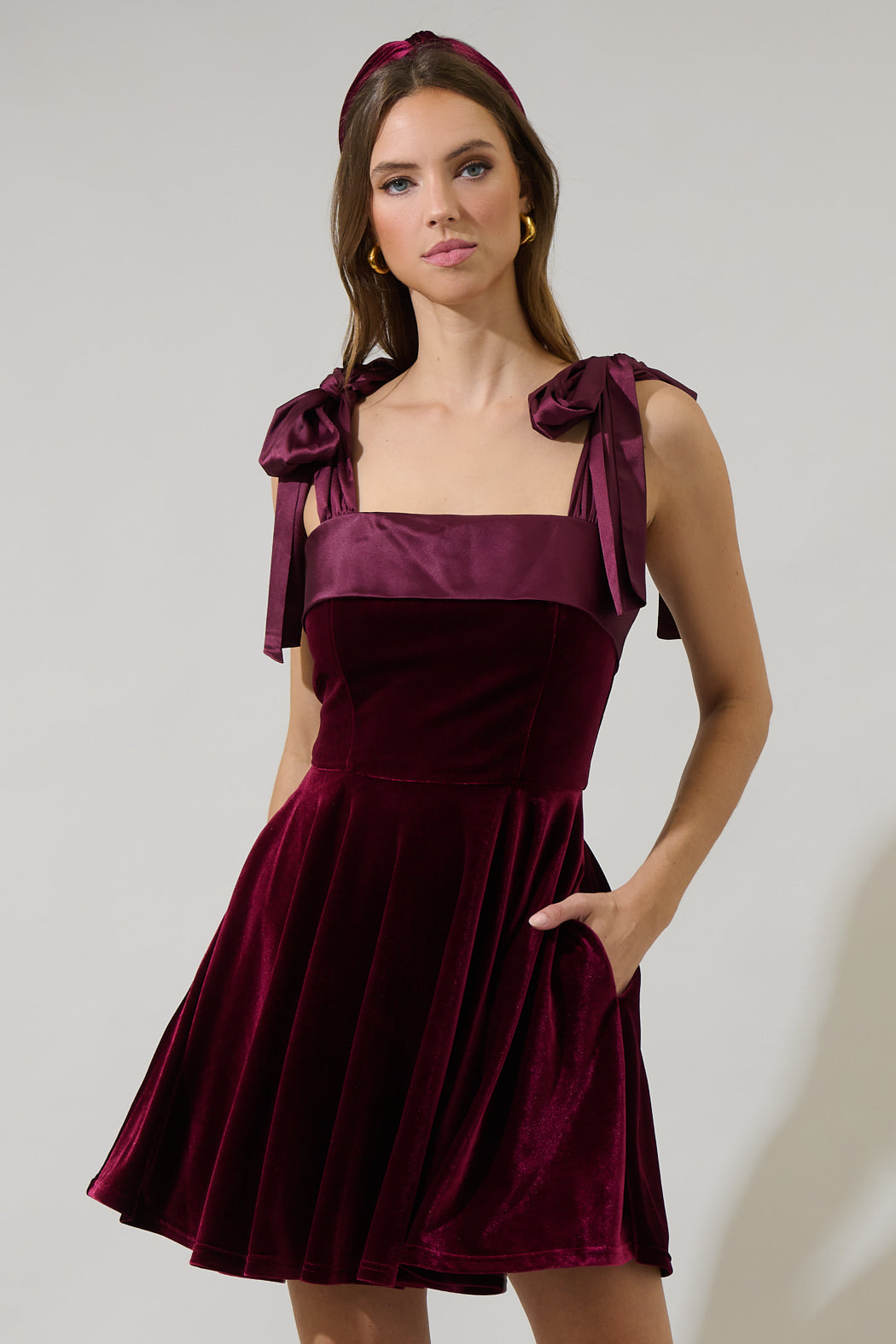 Adison Bow Velvet Mini Dress BURGUNDY / M by Sugarlips Adison Bow Velvet Mini Dress BURGUNDY / M by Sugarlips