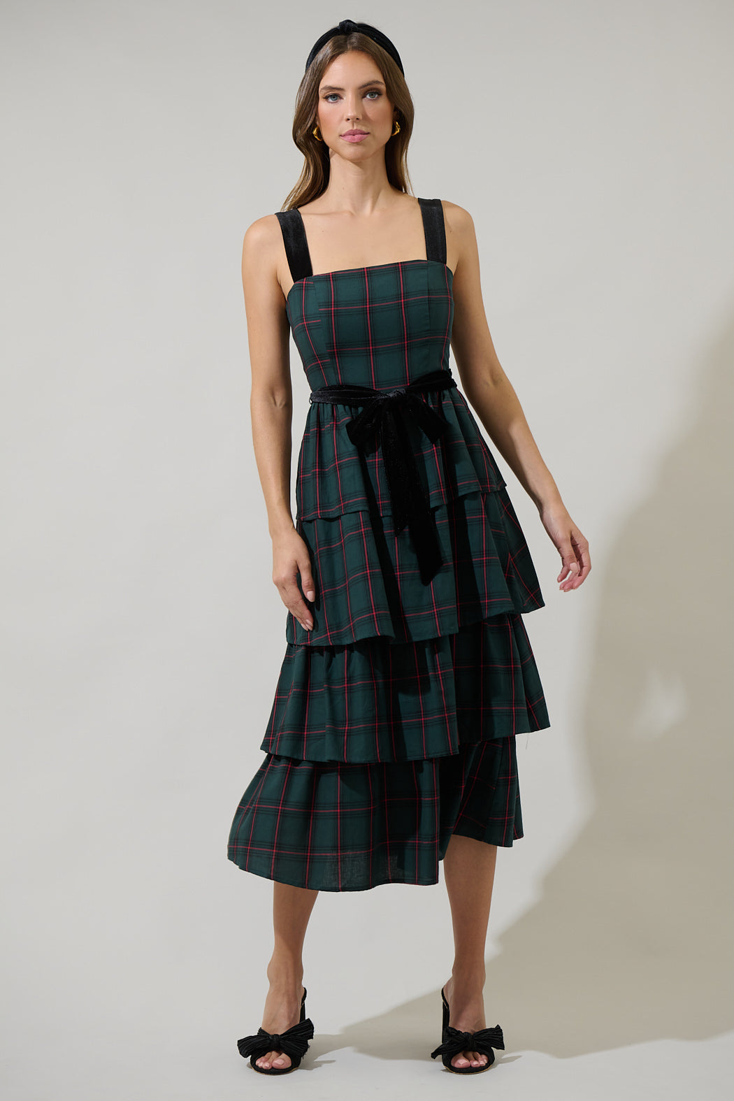 Brook Plaid Mari Tiered Midi Dress green-Multi / XL by Sugarlips Brook Plaid Mari Tiered Midi Dress green-Multi / XL by Sugarlips