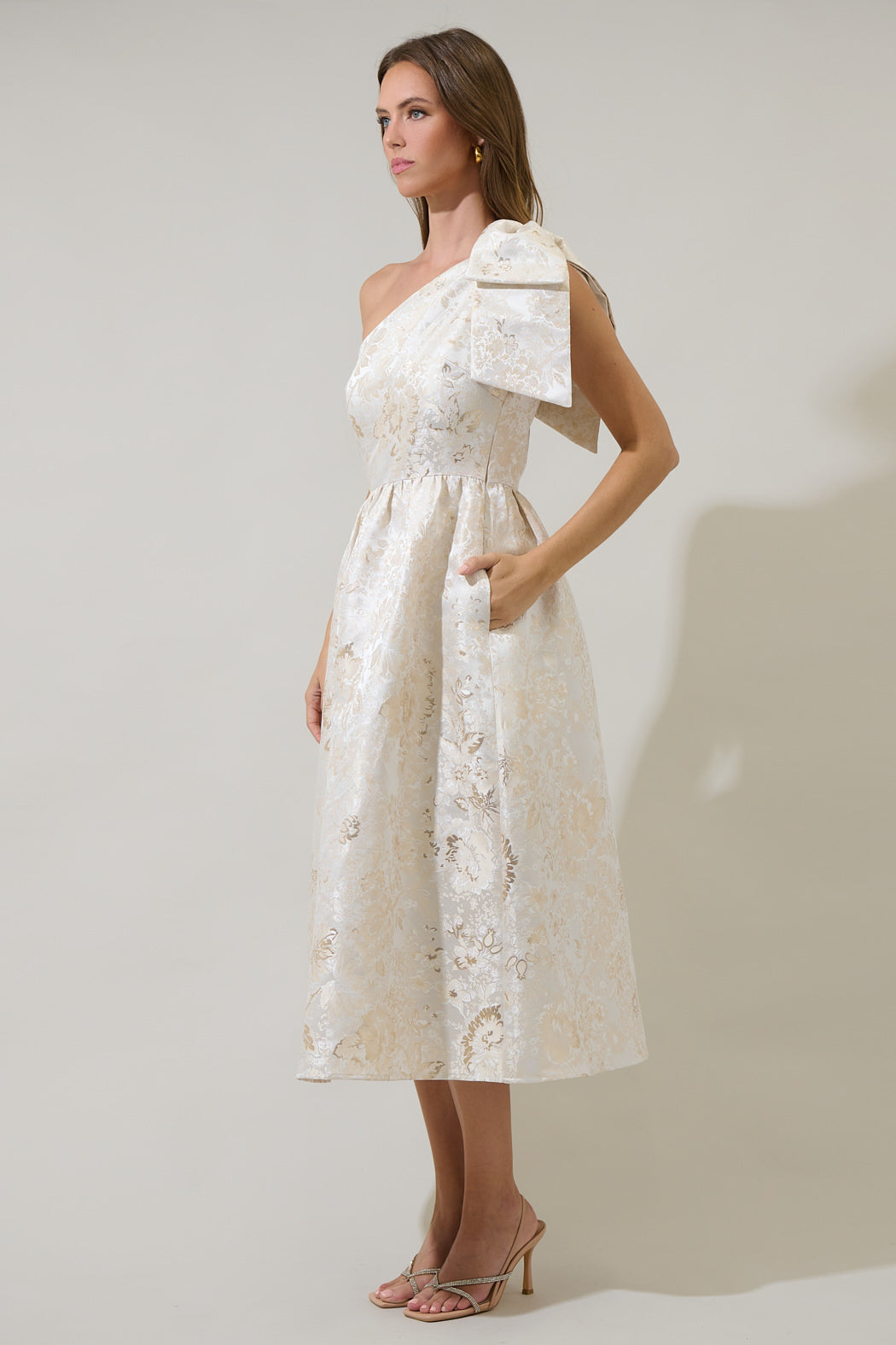 Lola Jacquard Miley Bow Midi Dress CHAMPAGNE / XS by Sugarlips Lola Jacquard Miley Bow Midi Dress CHAMPAGNE / XS by Sugarlips