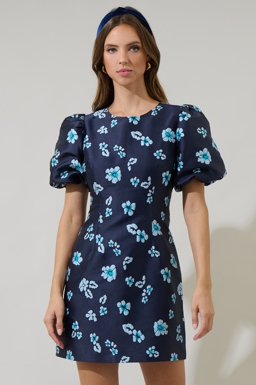 Elissa Jacquard Floral Darce Puff Sleeve Mini Dress NAVY-MULTI / S