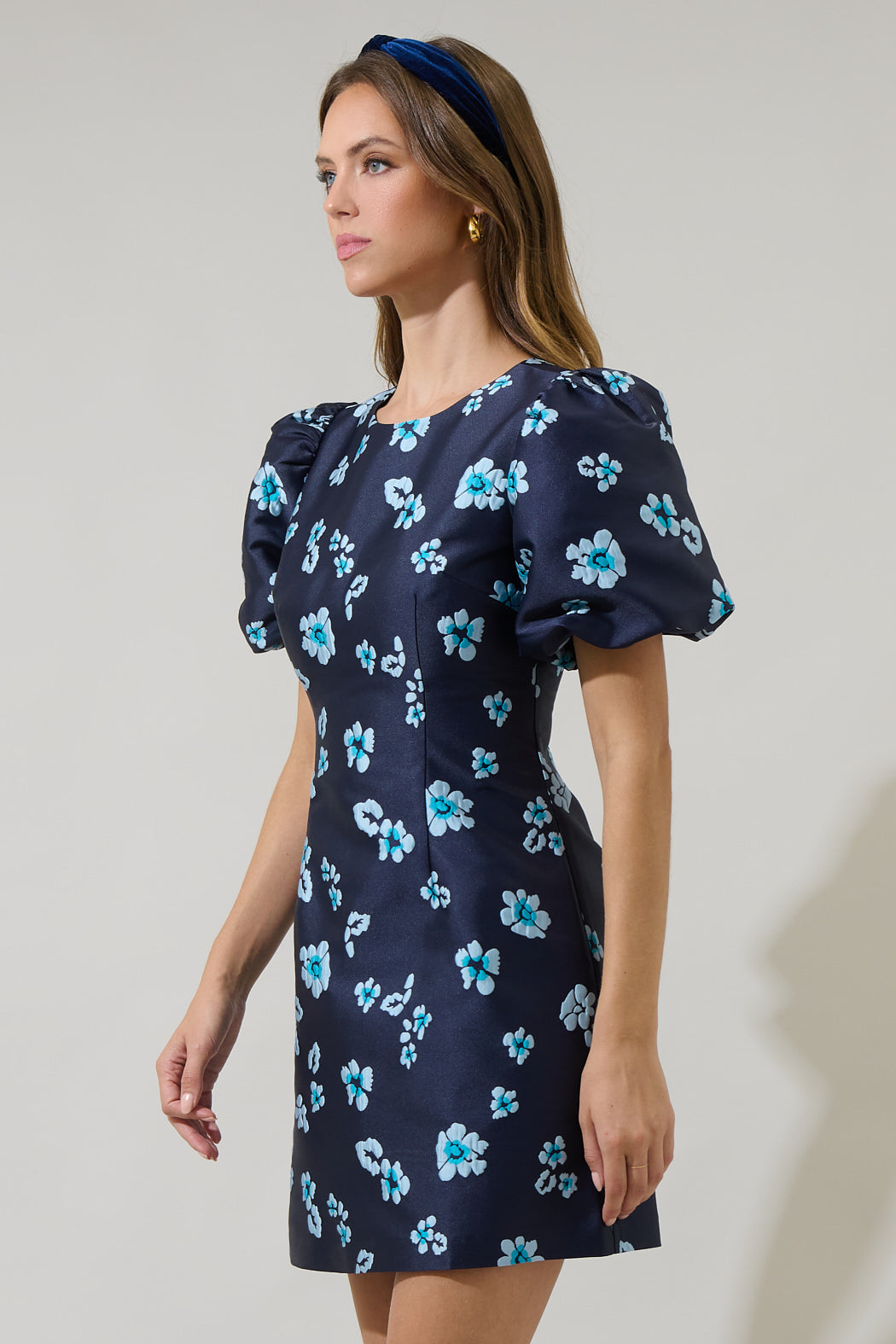 Elissa Jacquard Floral Darce Puff Sleeve Mini Dress NAVY-MULTI / S by Sugarlips Elissa Jacquard Floral Darce Puff Sleeve Mini Dress NAVY-MULTI / S by Sugarlips