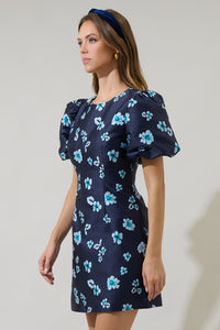 Elissa Jacquard Floral Darce Puff Sleeve Mini Dress