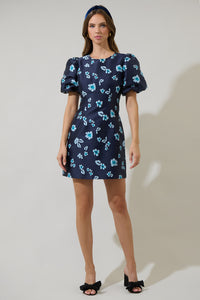 Elissa Jacquard Floral Darce Puff Sleeve Mini Dress