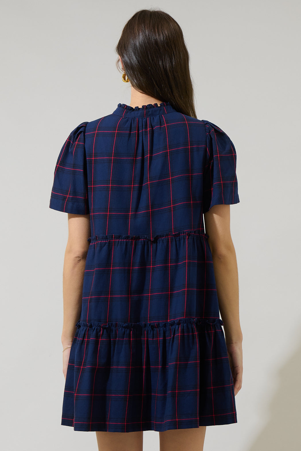 Holbrook Plaid Amelia Tiered Babydoll Short Sleeve Dress NAVY-RED / XS by Sugarlips Holbrook Plaid Amelia Tiered Babydoll Short Sleeve Dress NAVY-RED / XS by Sugarlips
