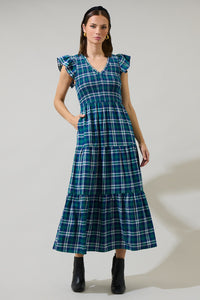 Buckley Plaid Sunfire Smocked Bodice Tiered Midi Dress