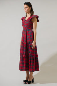 Arvada Plaid Sunfire Smocked Bodice Tiered Midi Dress