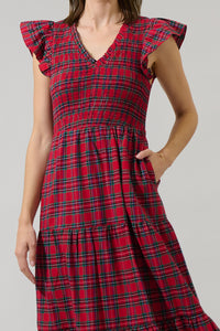 Arvada Plaid Sunfire Smocked Bodice Tiered Midi Dress