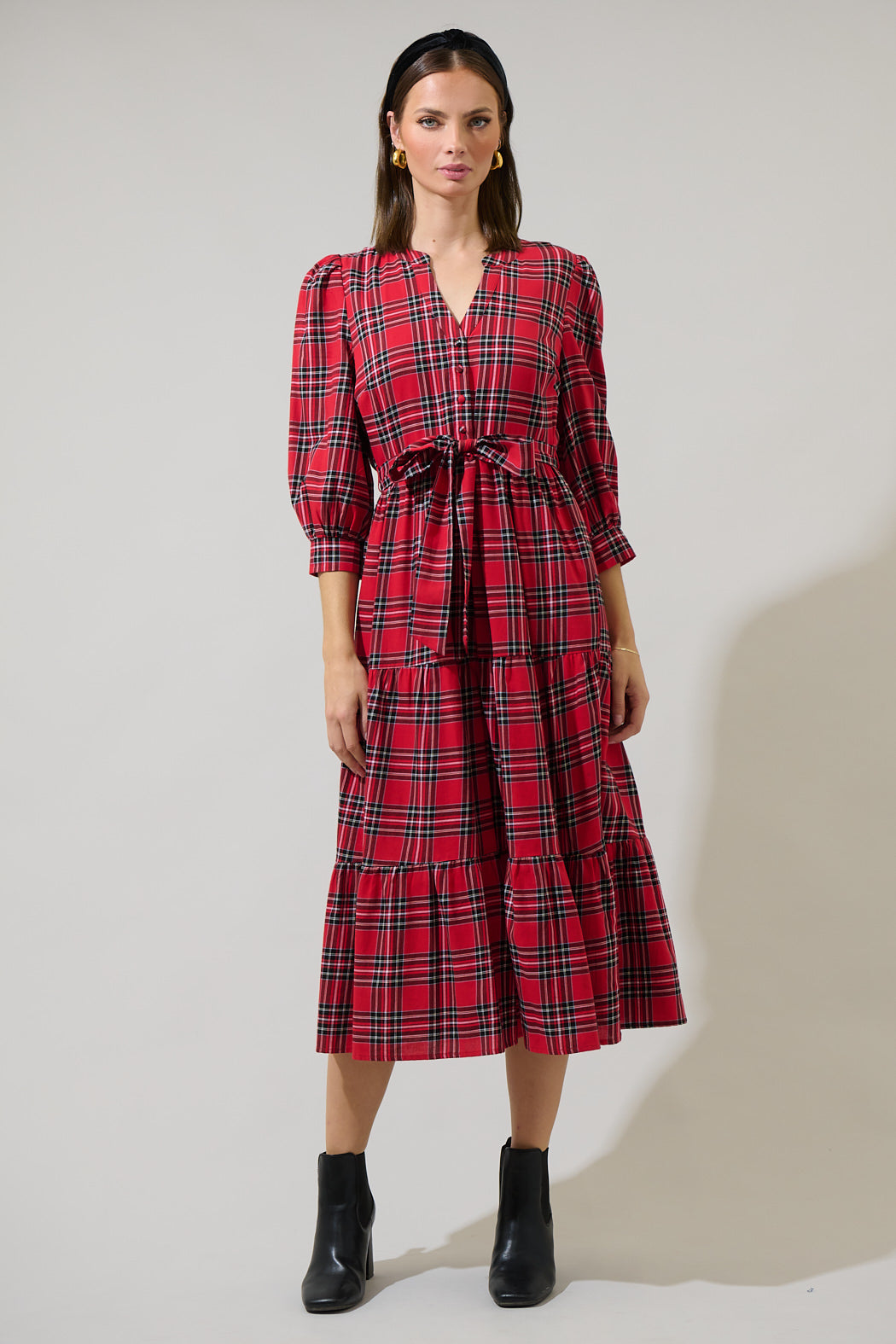 Boswell Tartan Plaid Yanis Button Up Midi Dress RED-MULTI / S by Sugarlips Boswell Tartan Plaid Yanis Button Up Midi Dress RED-MULTI / S by Sugarlips