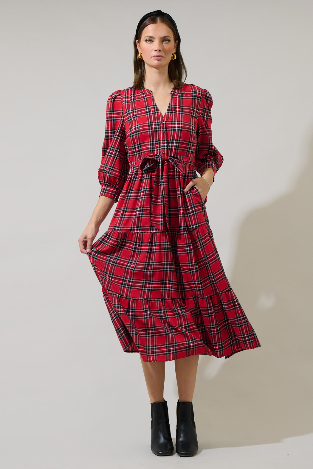 Boswell Tartan Plaid Yanis Button Up Midi Dress RED-MULTI / S by Sugarlips Boswell Tartan Plaid Yanis Button Up Midi Dress RED-MULTI / S by Sugarlips