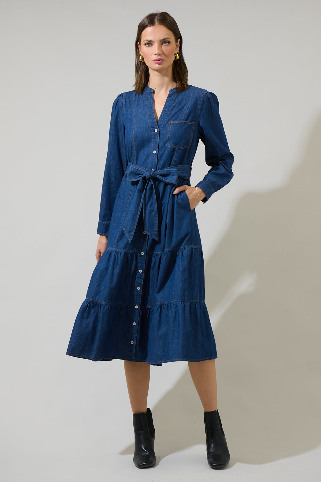 Skylah Denim Tiered Midi Dress – Sugarlips