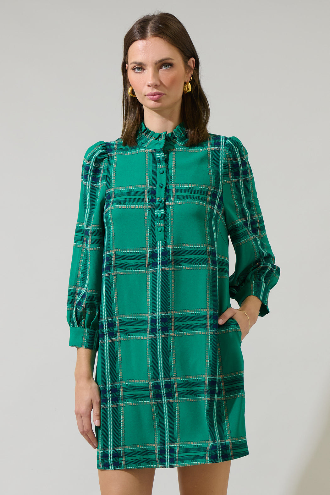Woodland Jade Plaid Lorna Shift Mini Dress JADE-MULTI / S by Sugarlips Woodland Jade Plaid Lorna Shift Mini Dress JADE-MULTI / S by Sugarlips