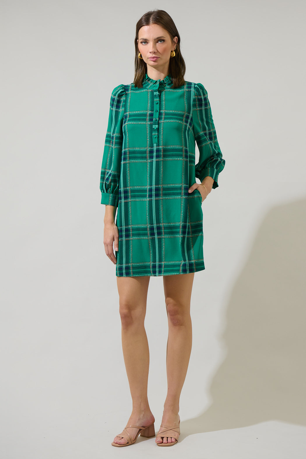 plaid shift mini dress SSYS The Everly Scallop Trim Puff Sleeve Shift Dress In Red Plaid