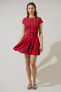 Woodland Red Plaid Mali Pleated Mini Dress