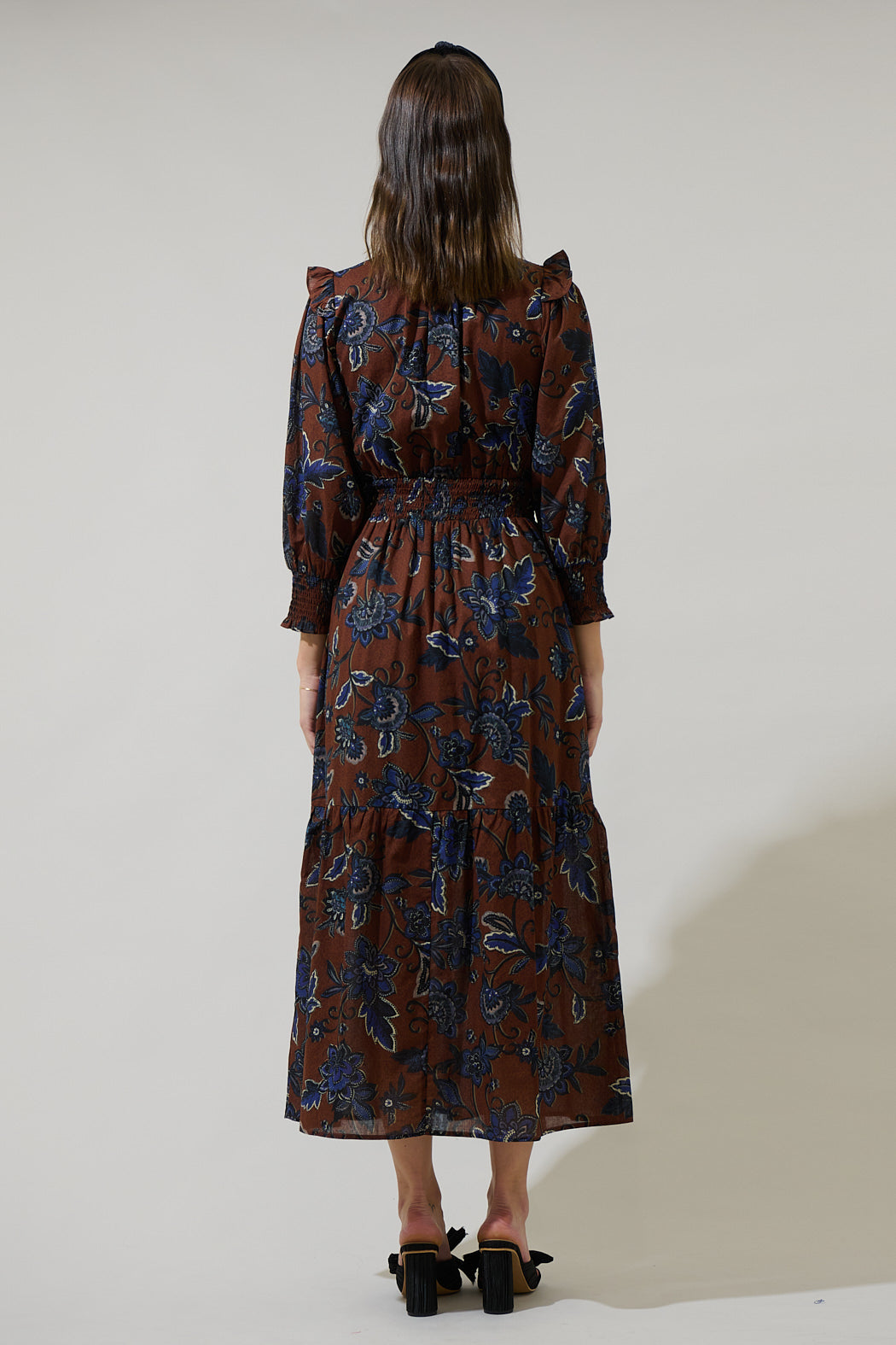 Marlina Floral Norma Long Sleeve Midi Dress BROWN-BLUES / L by Sugarlips Marlina Floral Norma Long Sleeve Midi Dress BROWN-BLUES / L by Sugarlips