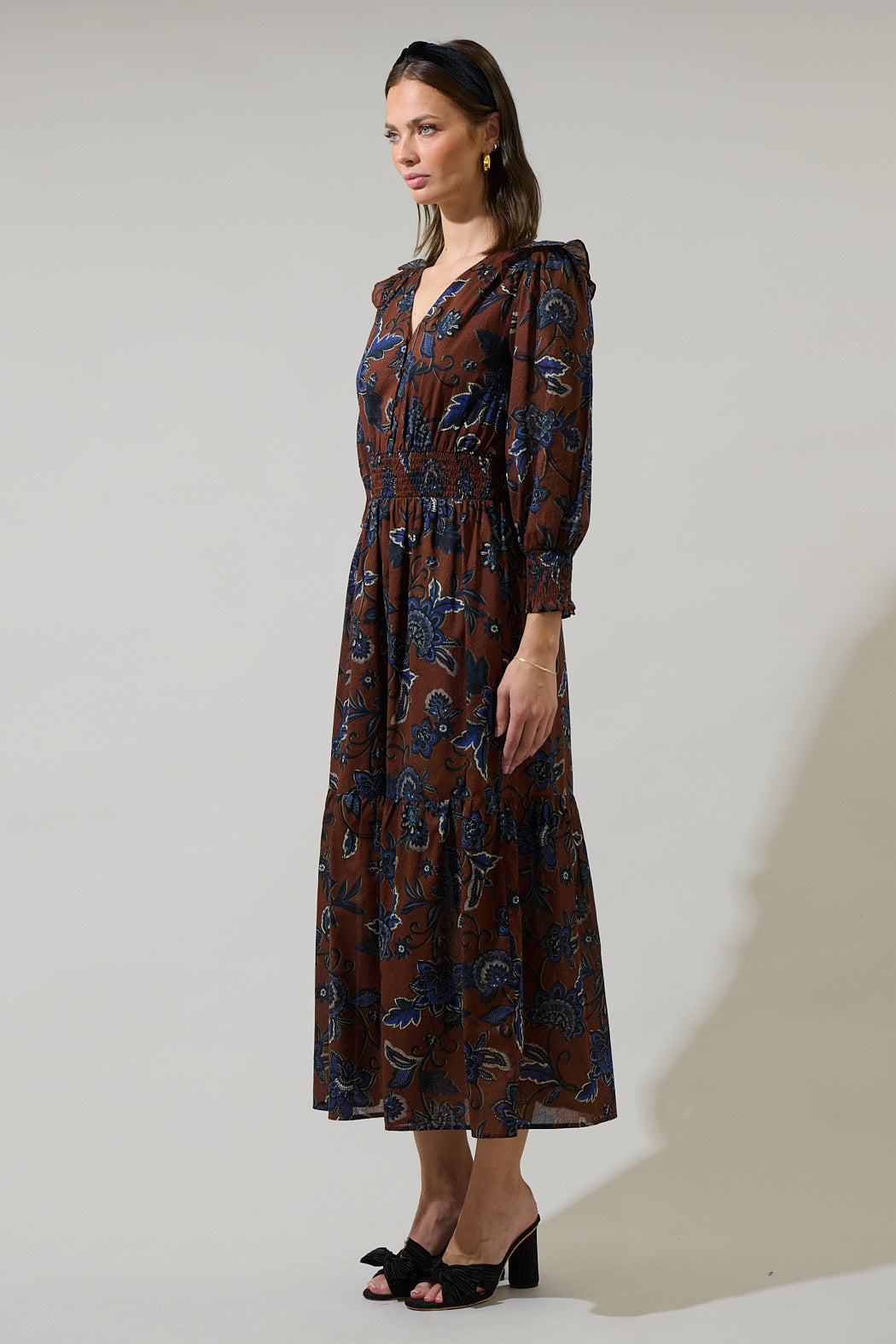 Marlina Floral Norma Long Sleeve Midi Dress BROWN-BLUES / L by Sugarlips Marlina Floral Norma Long Sleeve Midi Dress BROWN-BLUES / L by Sugarlips
