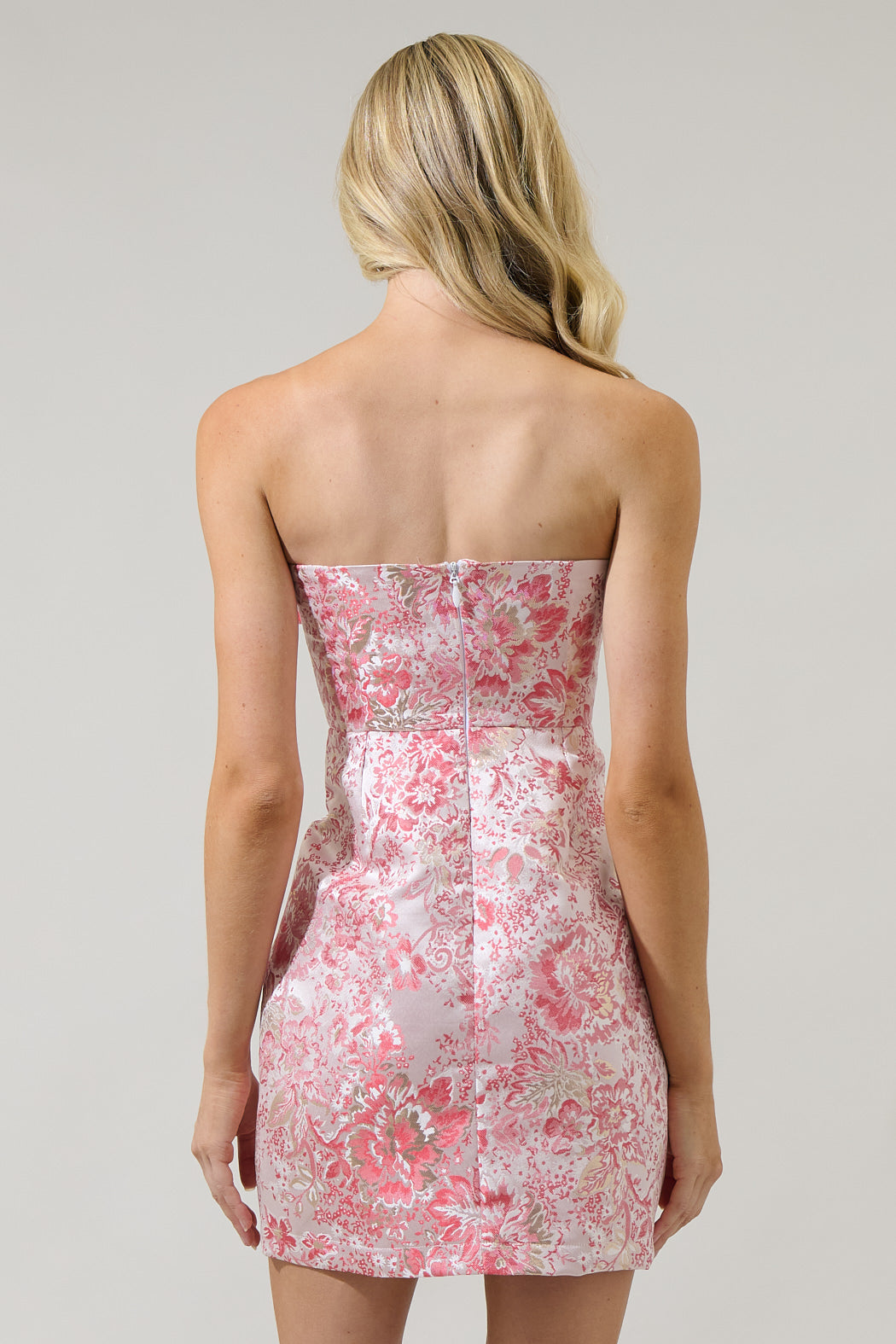 aubriana strapless mini dress pink jacquard Aubriana Strapless Mini Dress Pink Jacquard