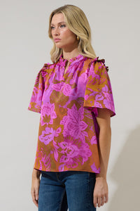 Lorian Floral Mei Split Neck Satin Top