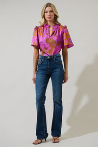 Lorian Floral Mei Split Neck Satin Top