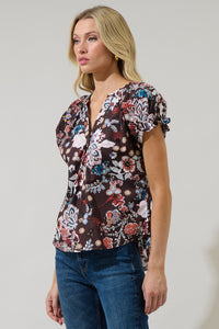 Journee Floral Jemma Ruffle Split Neck Top