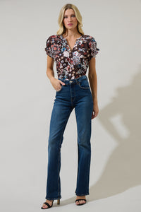 Journee Floral Jemma Ruffle Split Neck Top